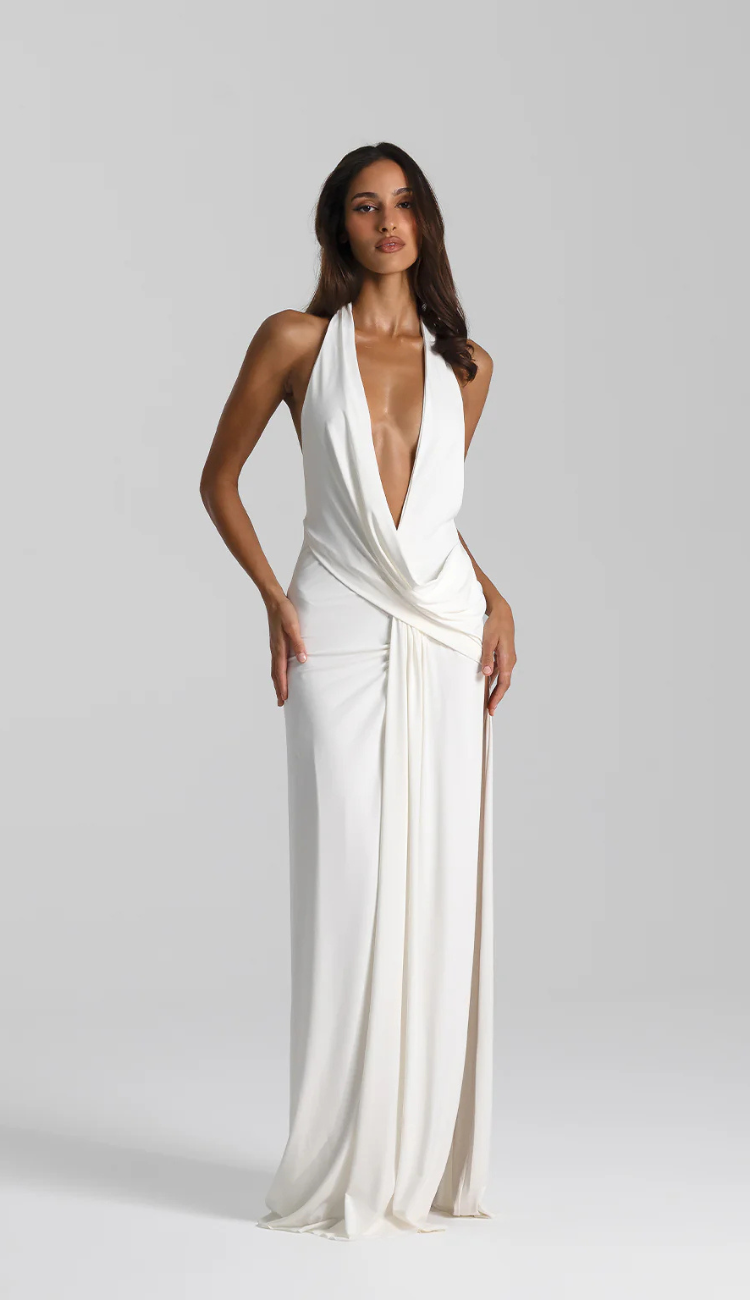 petra maxi dress Shop - Maxi Dress in Plum Brown creating a romantic drape which is mirrored exquisitely by a dramatic low cowl back Peachy Keen and Rust Striped