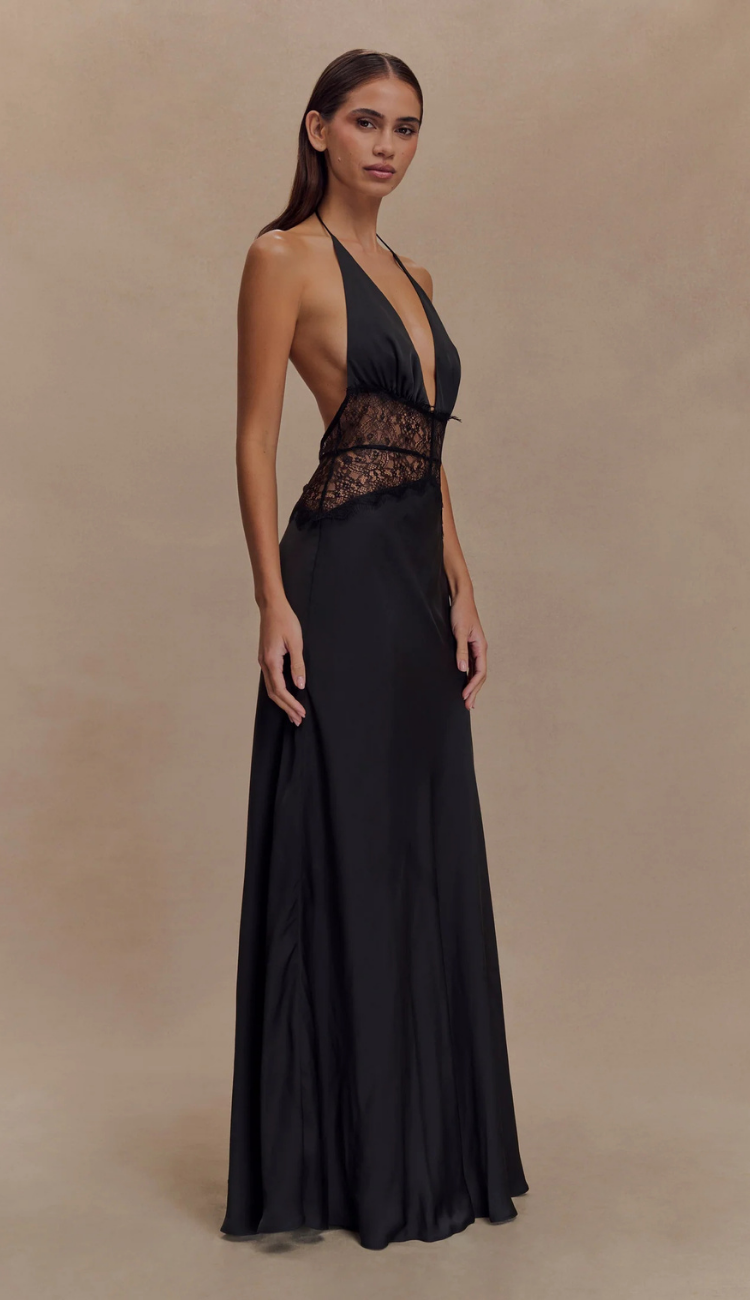 Lioré Black Lace and Satin Maxi Dress