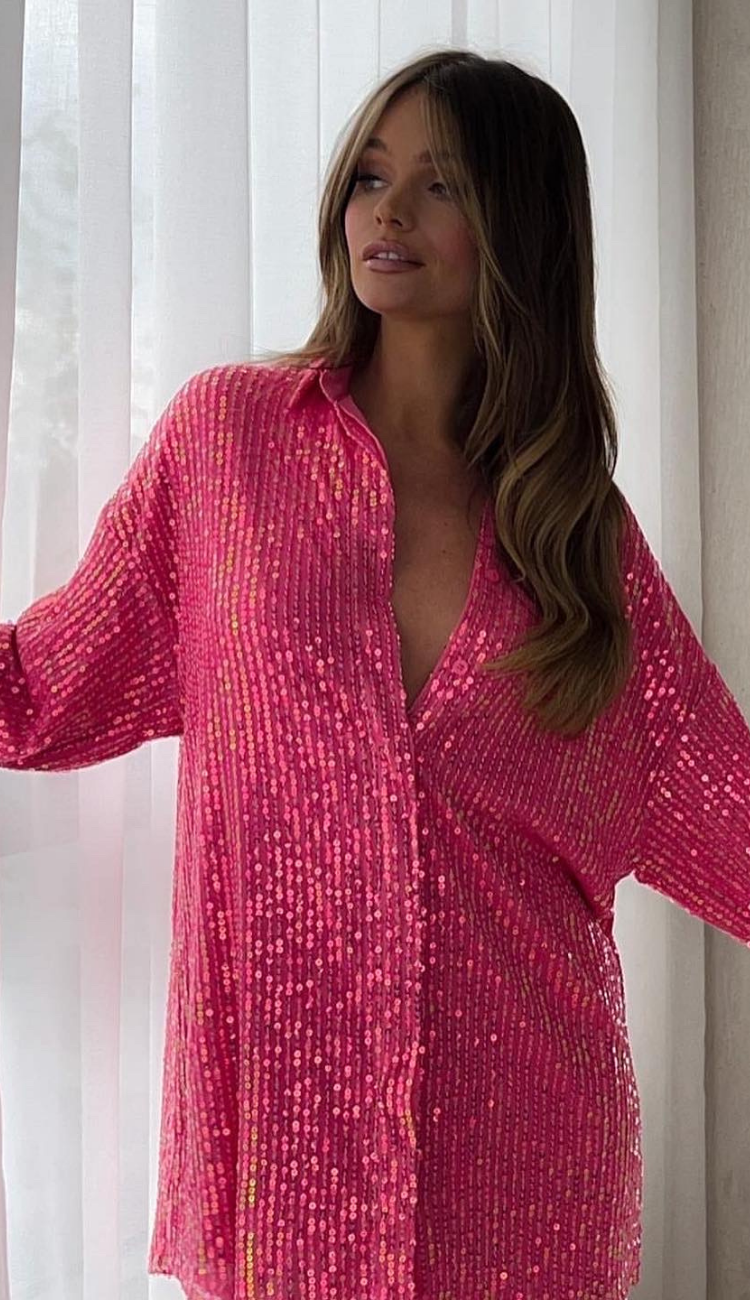 Mallorca Pink Sequin Shirt Dress