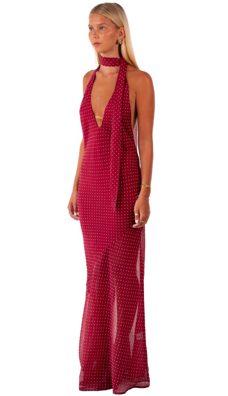 Greta Polka Dot Burgundy Maxi Dress