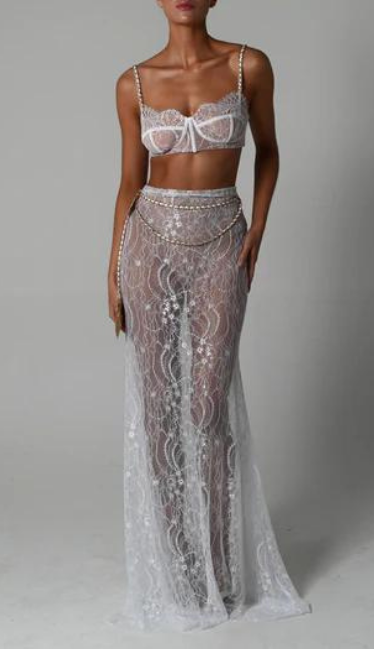 Elida White Lace Skirt Set