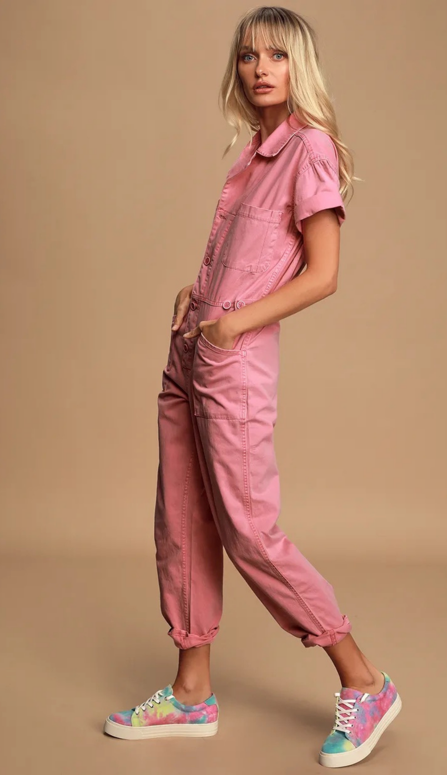 Olivia Denim Jumpsuit in Candy Pink