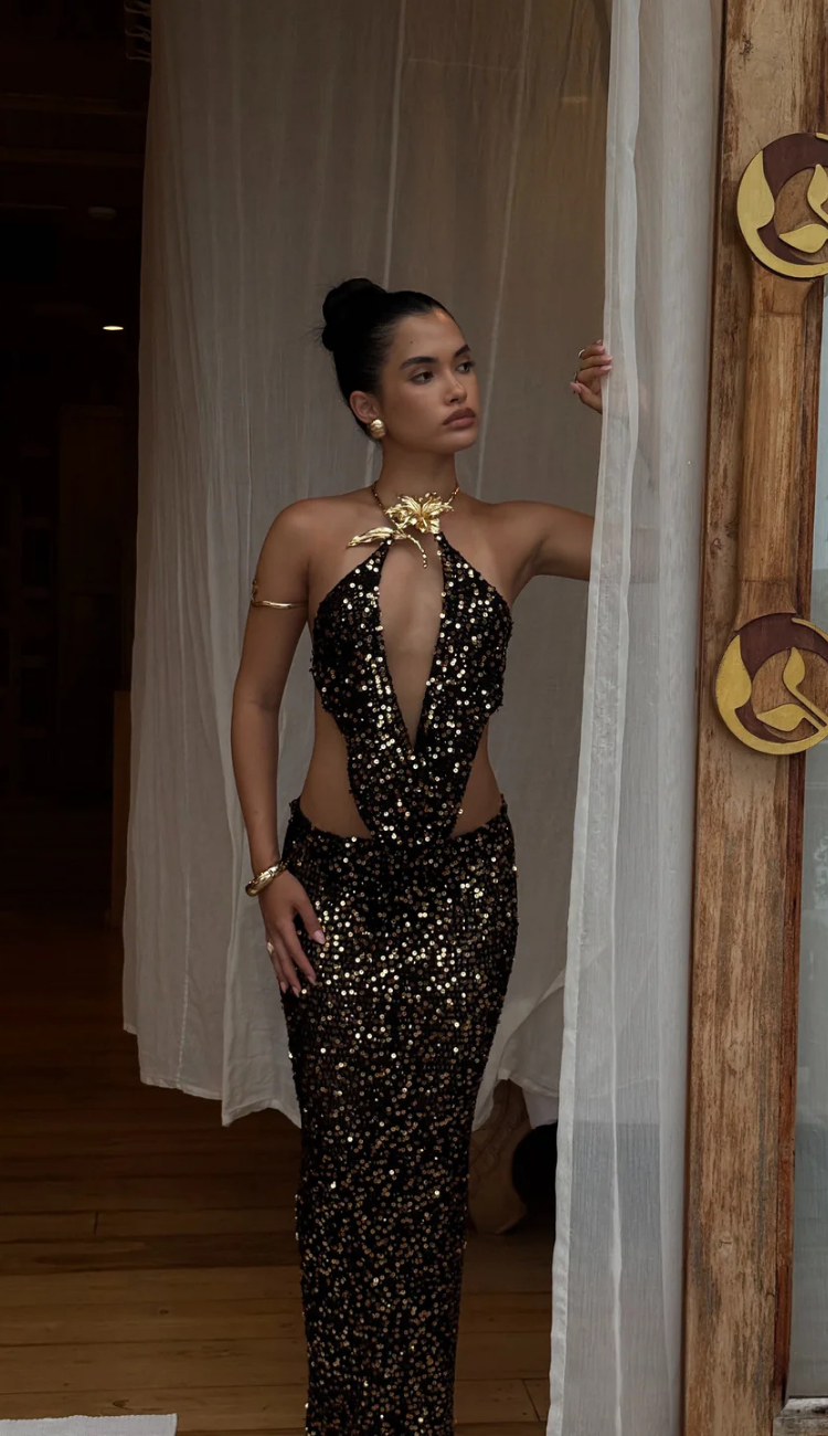 Lenis Black Glitter Skirt Set