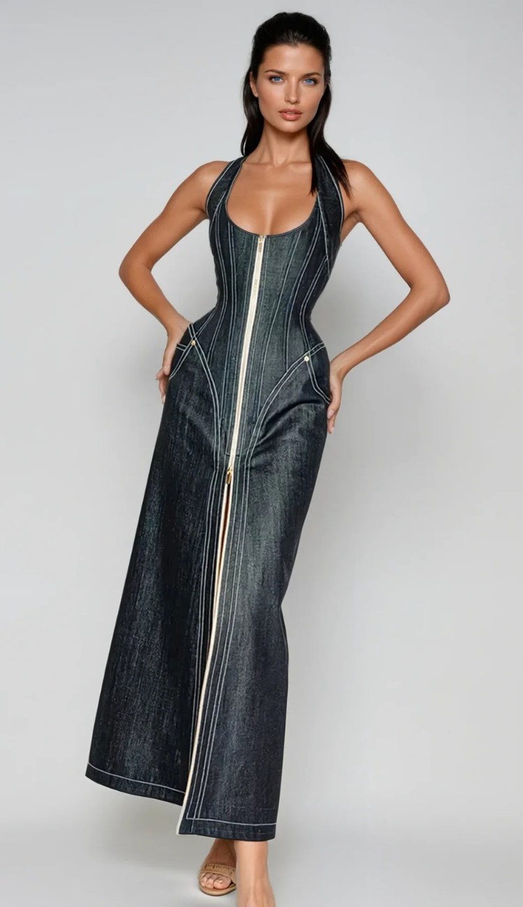 Alek Denim Zipper Maxi Dress