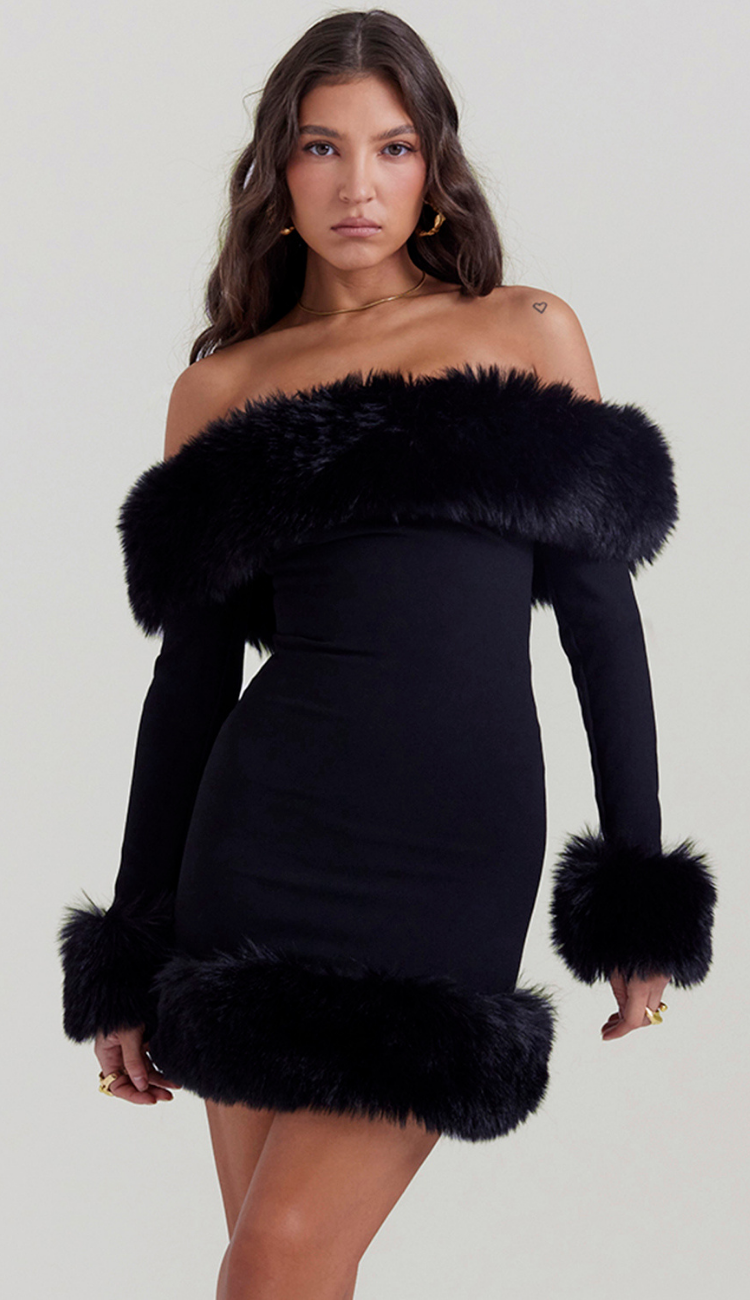 Cesca Fur Black Mini Dress