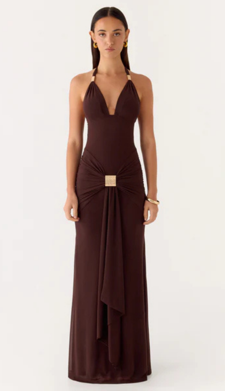 Astoria Brown Halter Maxi Dress