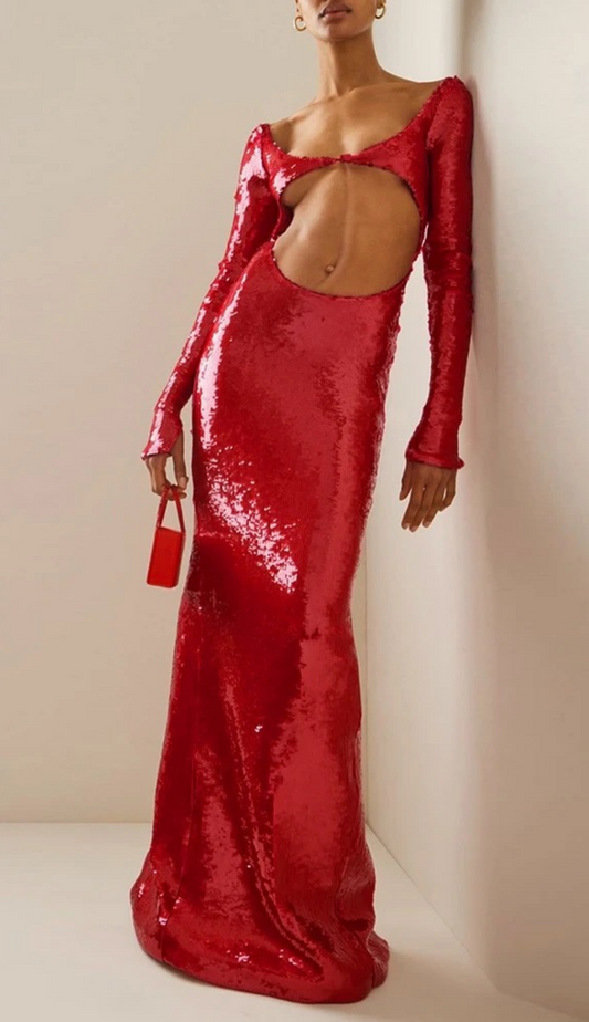 Edith Cut-out Red Sequin Gown