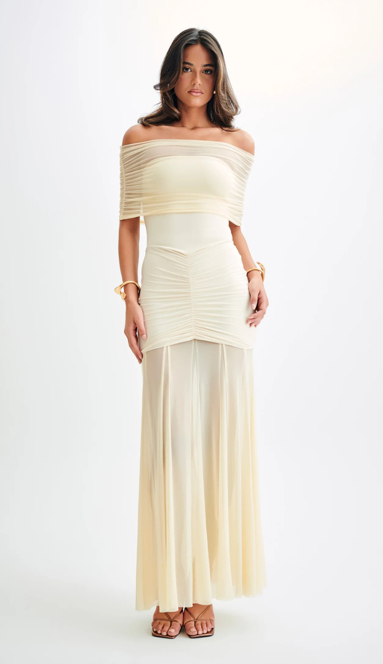 Cindy Beige Mesh Maxi Dress