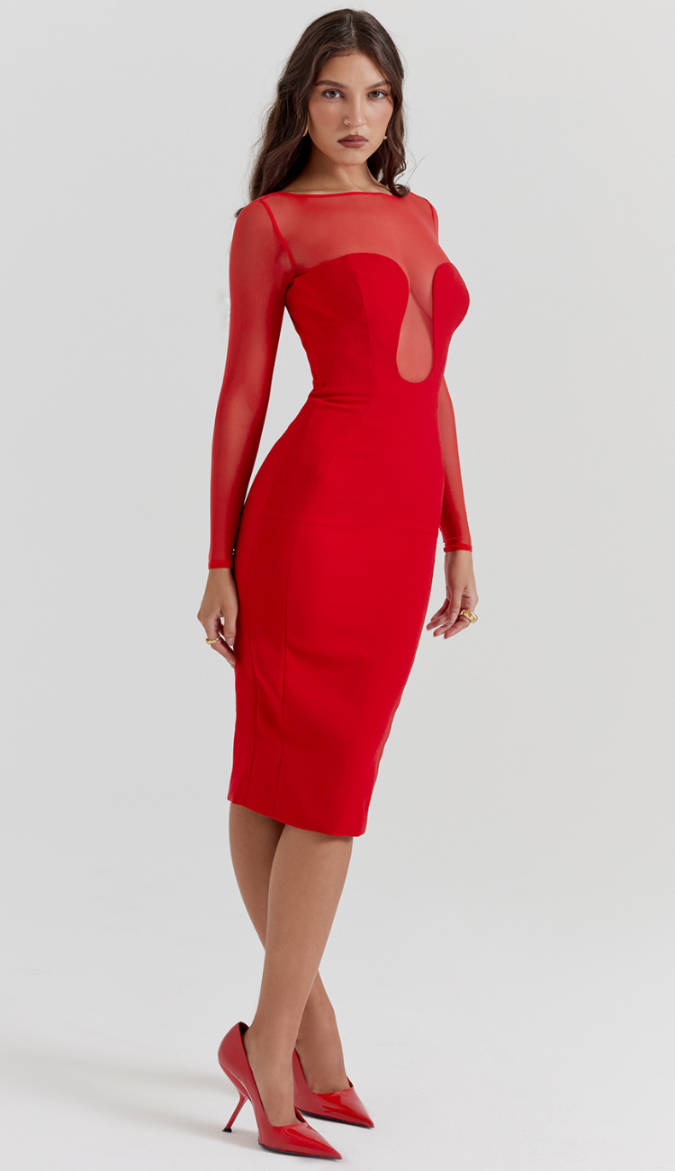 Filipa Red Plunge Midi Dress