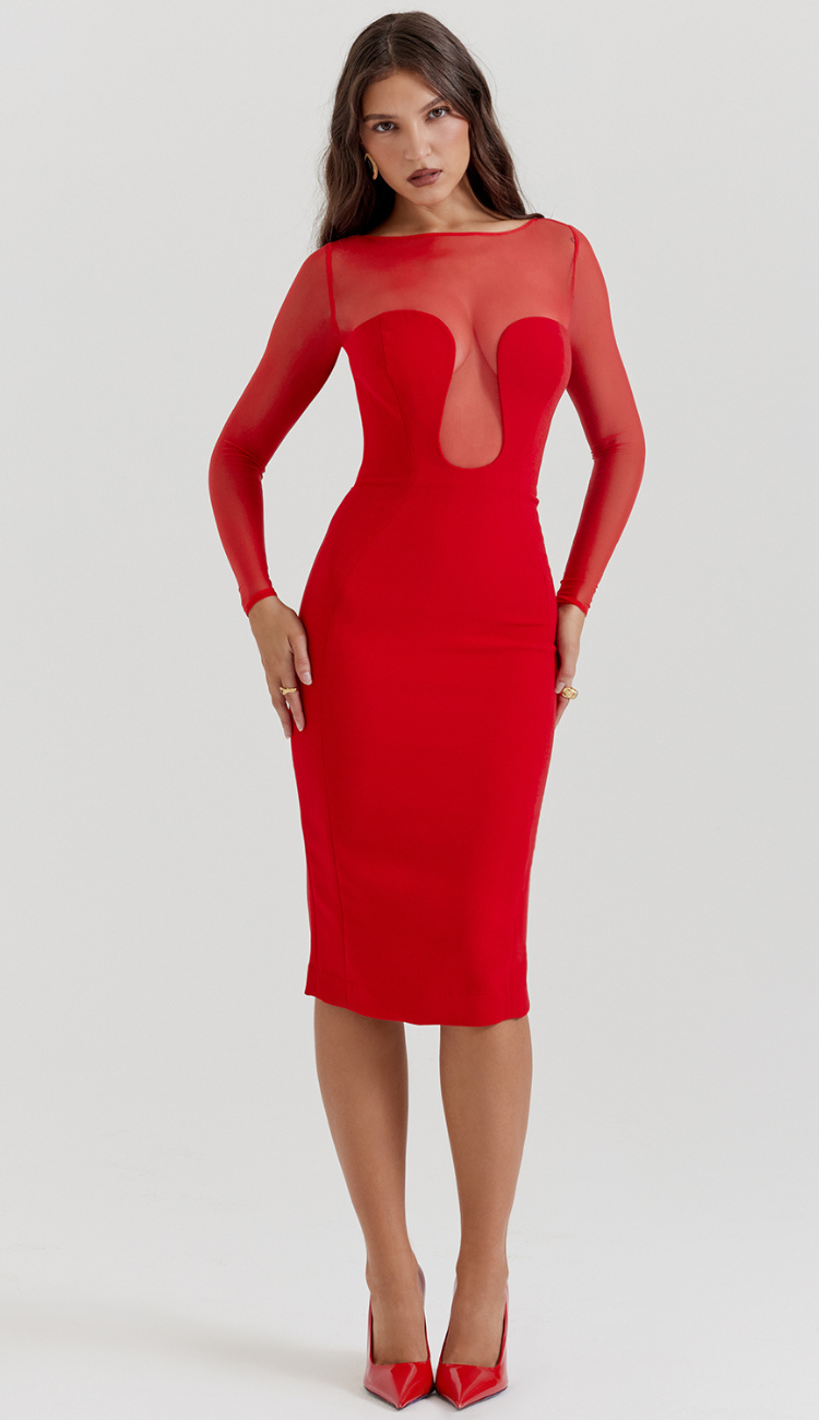 Filipa Red Plunge Midi Dress