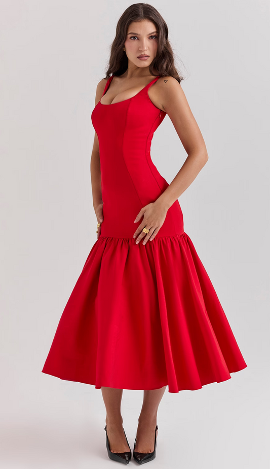 Zantina Red Dropped Waist Midi Dress