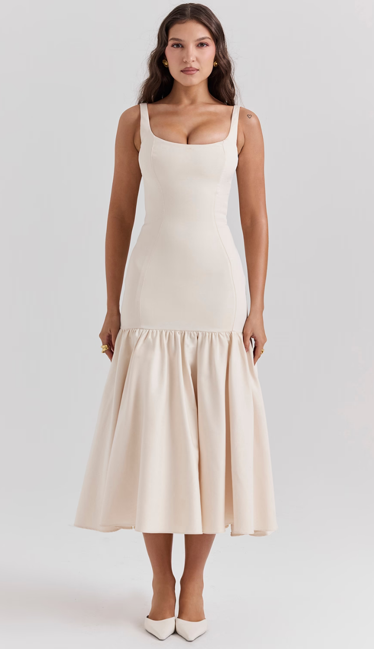 Zantina Cream Dropped Waist Midi Dress