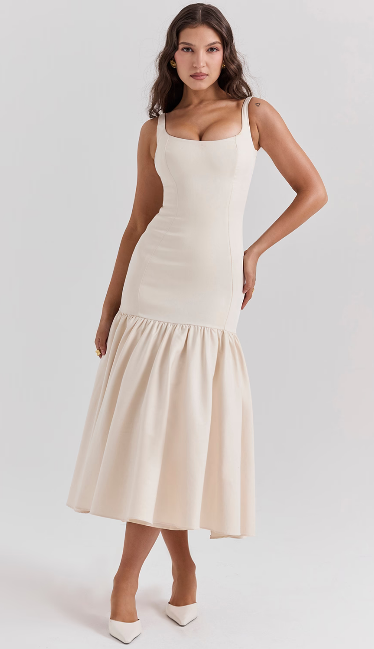 Zantina Cream Dropped Waist Midi Dress