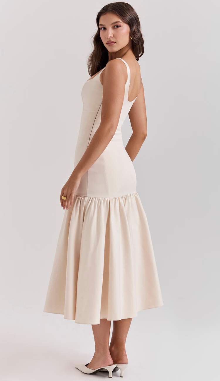 Zantina Cream Dropped Waist Midi Dress