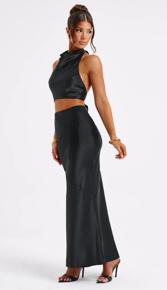 Nyra Black Satin Skirt Set