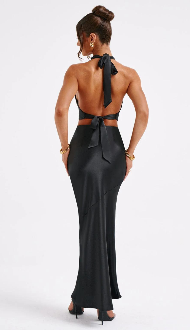 Nyra Black Satin Skirt Set