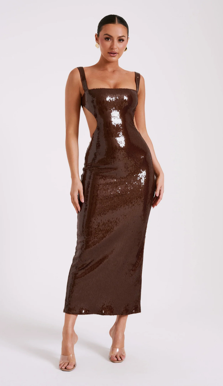 Kelly Sequin Brown Cut Out Maxi Dress